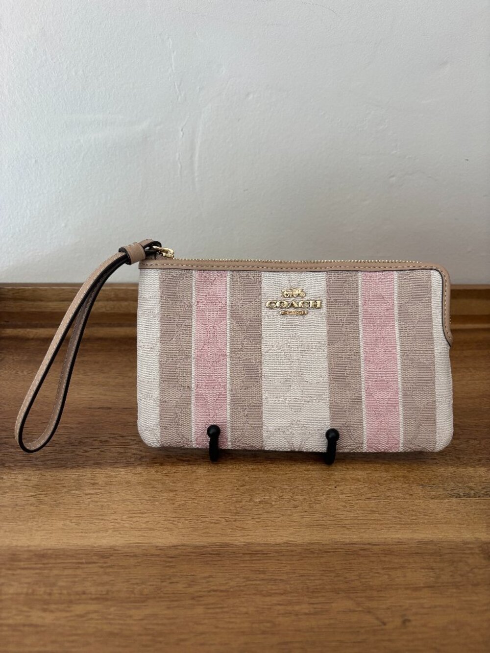 Coach Signature Jacquard Pink White Khaki Striped Large Corner Zip Wristlet
